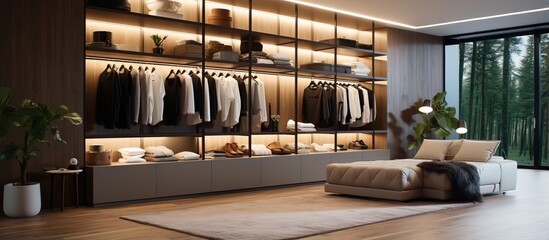 Contemporary bedroom wardrobe with lighting for interior d cor - obrazy, fototapety, plakaty