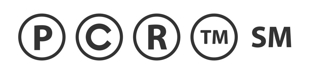 Trademark copyright icon set. Registered patent symbol. Legal copyright P, C, R, TM, SM sign in circle, intellectual property. Line style icon for web design. Vector illustration. - obrazy, fototapety, plakaty
