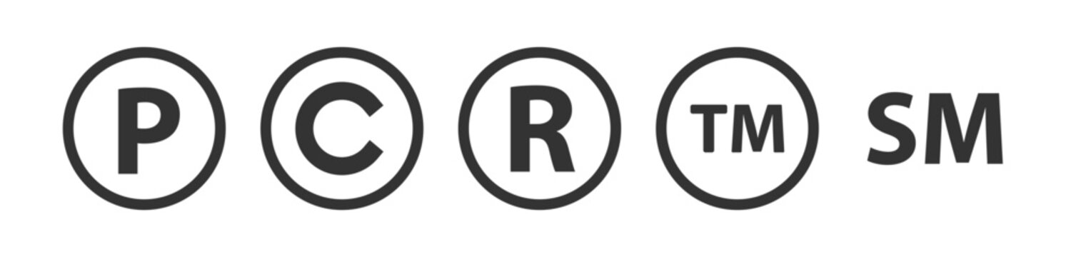 Trademark copyright icon set. Registered patent symbol. Legal copyright P, C, R, TM, SM sign in circle, intellectual property. Line style icon for web design. Vector illustration.