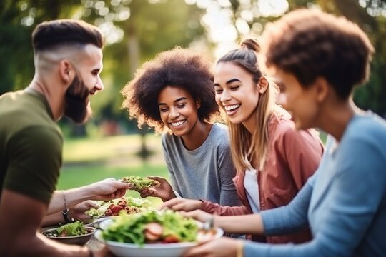 Group Diversity Young People Eating Healthy Salad After Exercising In The Park In Tracksuit In Daytime