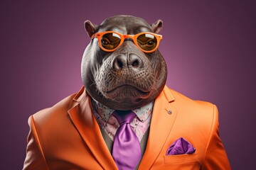 A hippo in a suit with sunglasses, in the style of dark orange and violet.