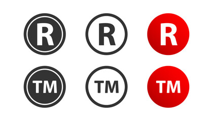 Trademark copyright icon set. Registered patent symbol. Legal copyright TM, R sign in circle, intellectual property. Flat and colored style icon for web design. Vector illustration.