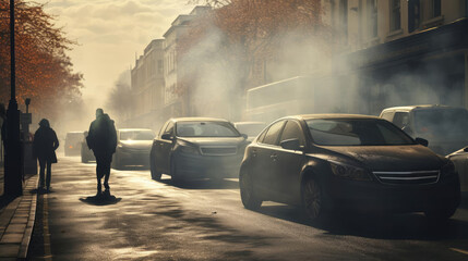 Cars on the street of the city are stuck in a traffic jam. Heavy smoke - obrazy, fototapety, plakaty