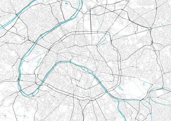 Street map art of Paris city in France. Road map of Paris. Black and white (blue) illustration of Parisian streets. France Printable poster.	