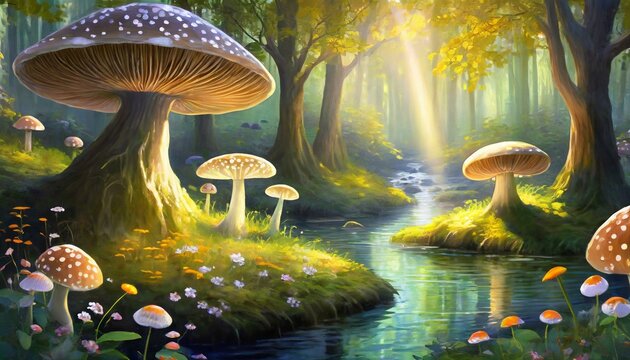 enchanted fairy tale forest with large mushrooms trees rivers streams and rays of light between the canopies of leaves alice in wonderland illustration digital painting generative ai