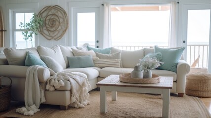 Living room decor, home interior design . Coastal Bohemian style with Ocean View decorated with Rattan and Linen material . Generative AI AIG26.