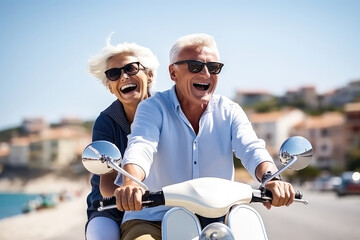 Naklejka premium An Older Couple On A Scooter