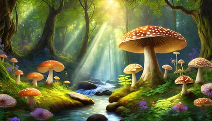 enchanted fairy tale forest with large mushrooms trees rivers streams and rays of light between the canopies of leaves alice in wonderland illustration digital painting generative ai - obrazy, fototapety, plakaty