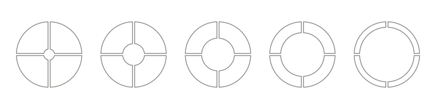 Wheels round divided in four sections. Diagrams infographic set. Circle section graph. Line art. Outline donut charts, pies segmented on 4 equal parts. Pie chart icon. Geometric vector simple element.