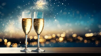 Close up of Champagne Glasses in front of white Fireworks. Festive Template for New Year's Eve and Celebrations