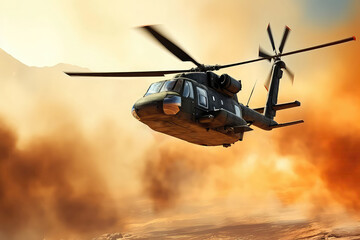 Military Chopper Flies Through Desert, Amidst Fire And Smoke. Сoncept Extreme Sports: Skydiving, Bungee Jumping, Snowboarding, Surfing, Rock Climbing