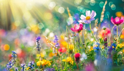 colorful flower meadow with sunbeams and bokeh lights in summer nature background banner with copy space summer greeting card wildflowers spring concept