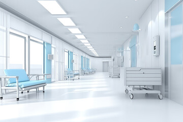 Naklejka na ściany i meble Modern Hospital Corridor With Waiting Area And Beds