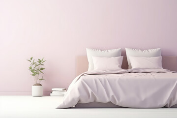 Fototapeta na wymiar Pastel Mauve Backdrop Complements Mockup Bed With White Linens