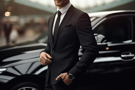 Professional Driver Near Luxury Car, Closeup