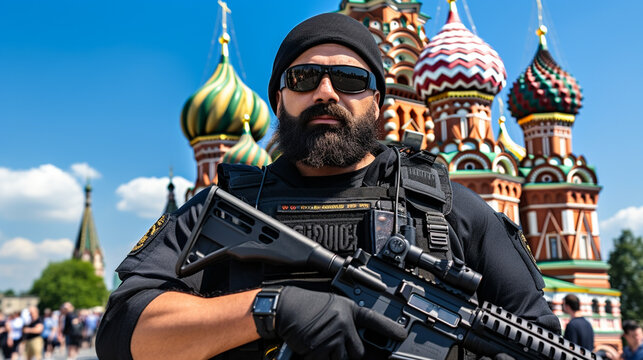 Middle Eastern man in uniform with gun guarding Russian landmark. fictional location