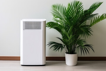 White Modern Design Air Purifier In Bedroom With Tropical Palm Tree
