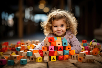 Adorable curly-haired toddler joyfully playing with colorful wooden building blocks, capturing a moment of innocent creativity.