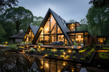 Fototapeta premium Modern home illuminated at twilight, reflecting its elegance on tranquil waters amid an enveloping forest backdrop.