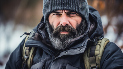 serious bearded hiker in snowy landscape