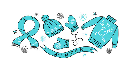 Knitted clothes. Winter season. Drawings of warm, cozy clothes. Set of winter icons, lettering. Vector New Year badges in doodle style. Christmas ornament. Illustrations on an isolated background.