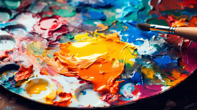 close up of an artists paint pallette with mixed colors