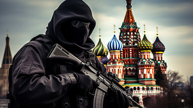 Man in black hooded jacket with gun near colorful building. fictional location