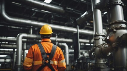 Fototapeta premium Male worker inspection at steel long pipes and pipe elbow in station oil factory during refinery