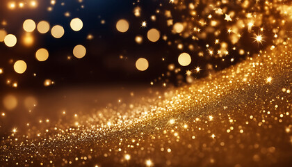 Fototapeta na wymiar gold glitter background, falling stars, and beautiful bokeh, making it perfect for a winter invitation or card