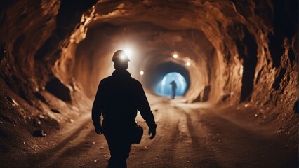 Male worker walking in Miner underground at a copper - obrazy, fototapety, plakaty