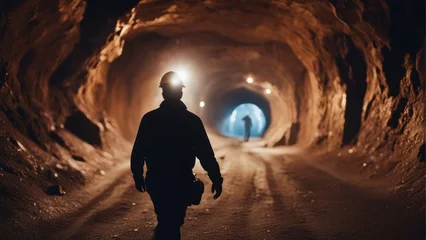 Fotobehang Male worker walking in Miner underground at a copper © Adi