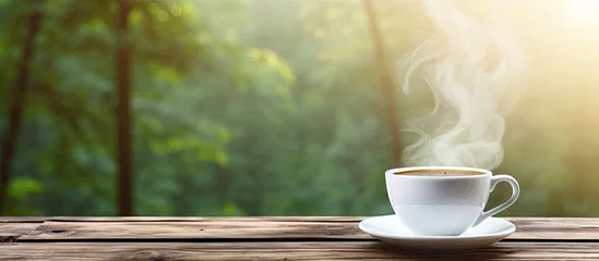 Foto auf Acrylglas Morning coffee cup with steam on wooden table in garden 4K Hot beverage concept © 2rogan