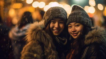Fotobehang Young adult women, multicultural, at European Christmas market in winter. Wearing jackets, enjoying festive evening in Germany as tourists © wetzkaz