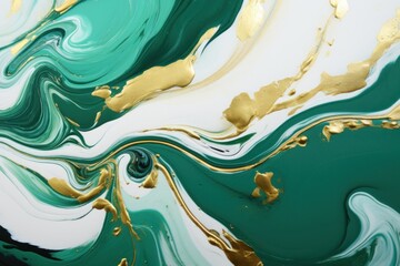 The Art of Suminagashi. Very nice green and white paint with gold line. Golden swirl, artistic design. The style includes swirls of marble or ripples of agate. Elegant composition.