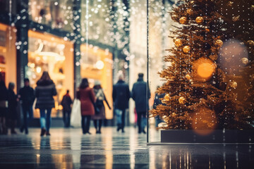 City street decorated for Christmas time. People walking in street, buying presents, preparing for...