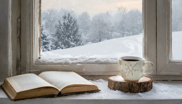winter still life with hot coffee and book on vintage windowsill view of snowy landscape with copyspace for text