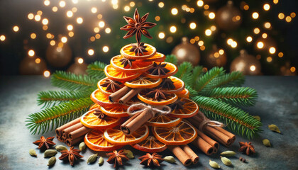 Festive spiced composition from dried orange slices to form Christmas tree topped with star anise.