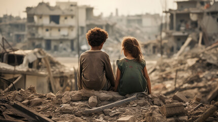 Children sitting in ruins of a war zone