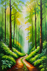 Lush Green Forest Towering Trees and Winding Path