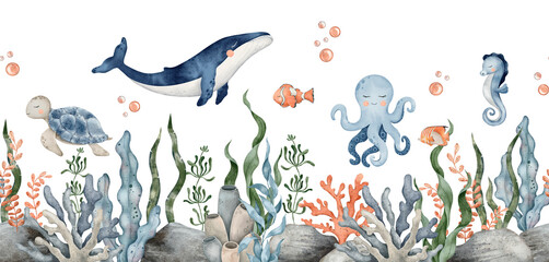 Seamless border of Sea Pebbles, octopus, whale, seahorse, turtle and seaweed algae. Hand drawn watercolor illustration. Marine, tropical collection for souvenir, posters, sticker, printing, banner.