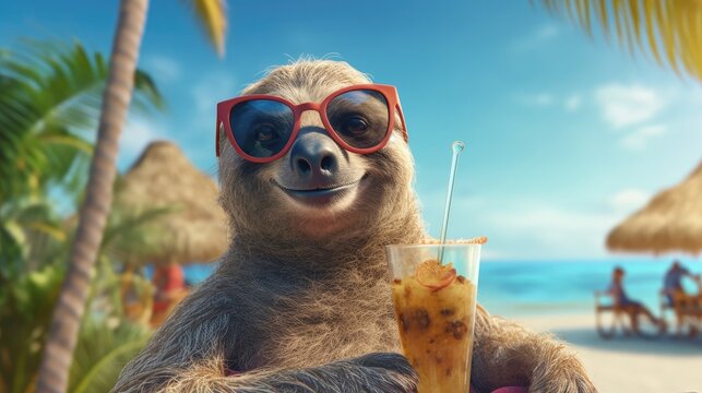 sloth with a cocktail on the beach