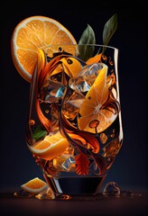 Refreshing orange lemonade glass with ice cubes and splashes