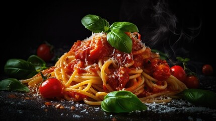 italian food. spaghetti pasta on dark background. - obrazy, fototapety, plakaty