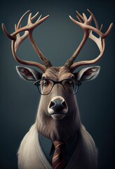 Reindeer dressed in a business suit and wearing glasses