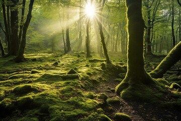 Morning sunlight illuminating a lush forest covered in moss. Generative AI