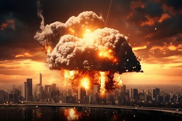 Huge Explosion Above City Skyline, Symbolizing Global War