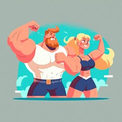 Smiling athletic couple poses and show their perfect body muscles, cartoon style illustration