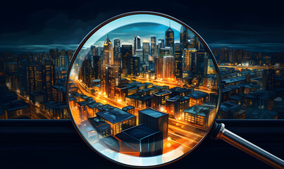Fototapeta na wymiar City at night viewed through a magnifying glass, bright lights, tall buildings, streets glowing, detailed, close-up, illuminated