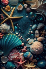 Obraz na płótnie Canvas Beautiful seashells, marbles and pebbles on the beach