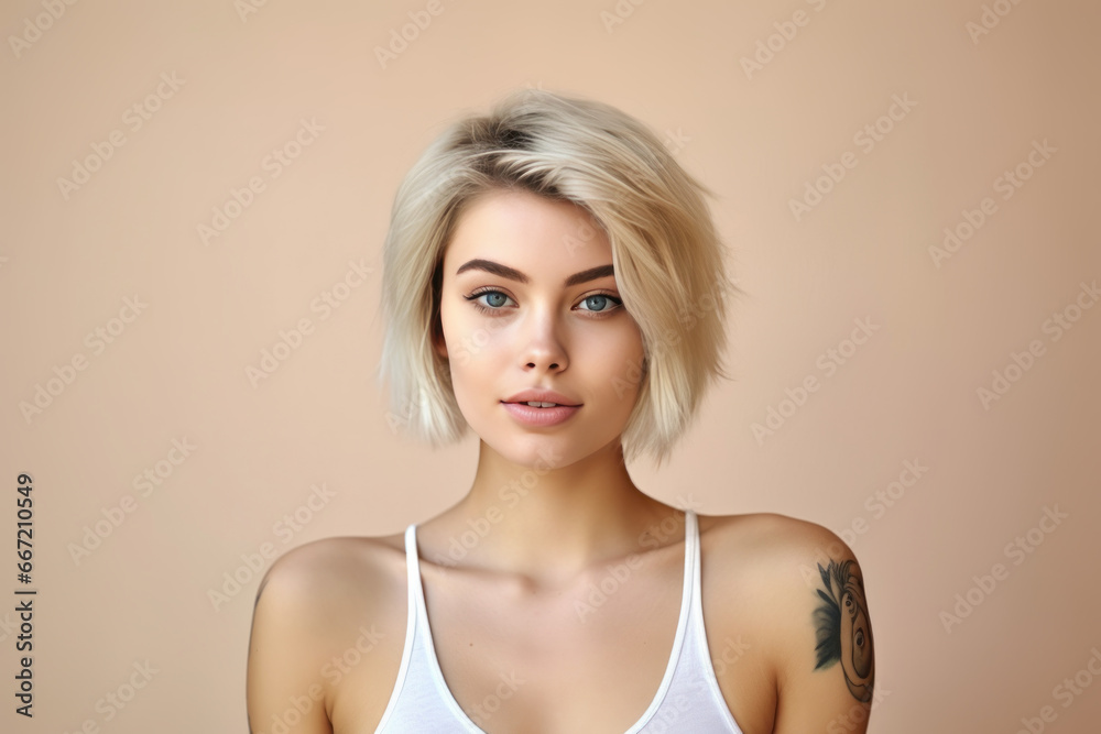 Wall mural young blond pretty smiling girl beauty female model with short blonde hair beautiful face healthy sk